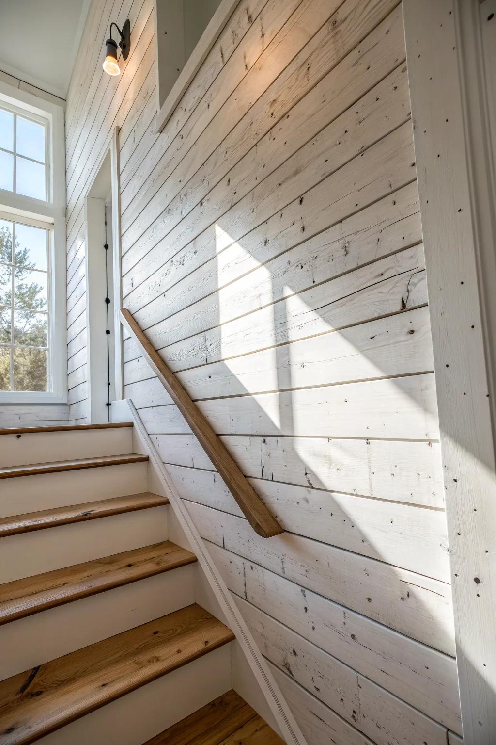 Rustic stairwell shiplap turns an overlooked pass-through into a bright, crafted focal point.