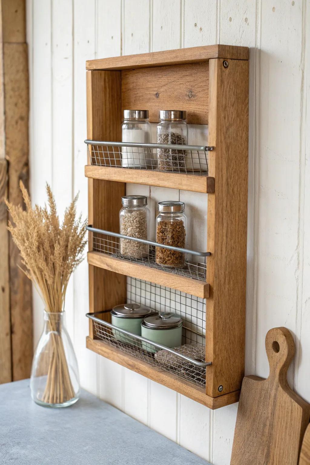 Rustic wood spice rack with stapled wire mesh guard—pretty, practical, and handcrafted.