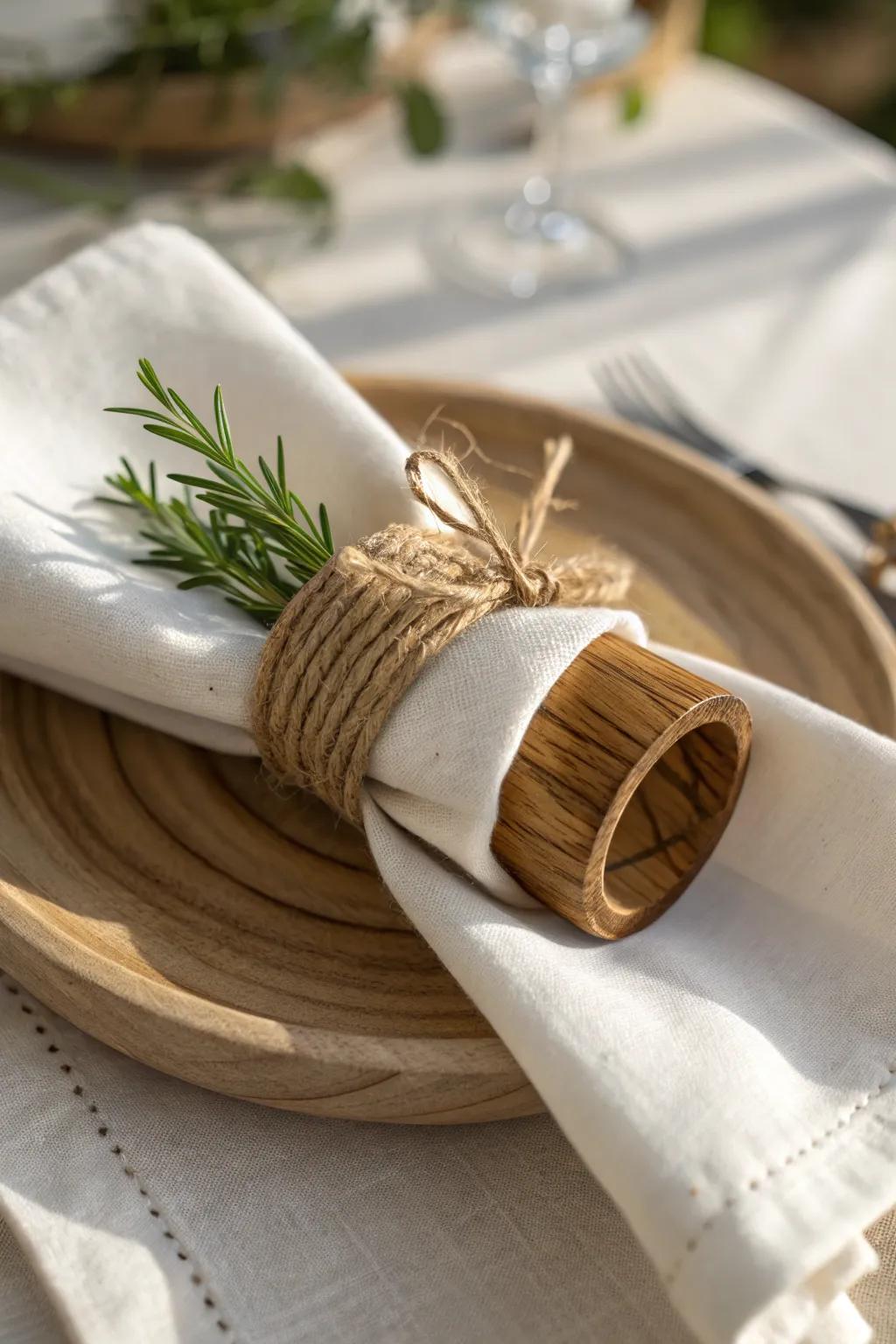 Linen runner, jute-tied wooden napkin ring, and fresh greenery for a rustic spring table.