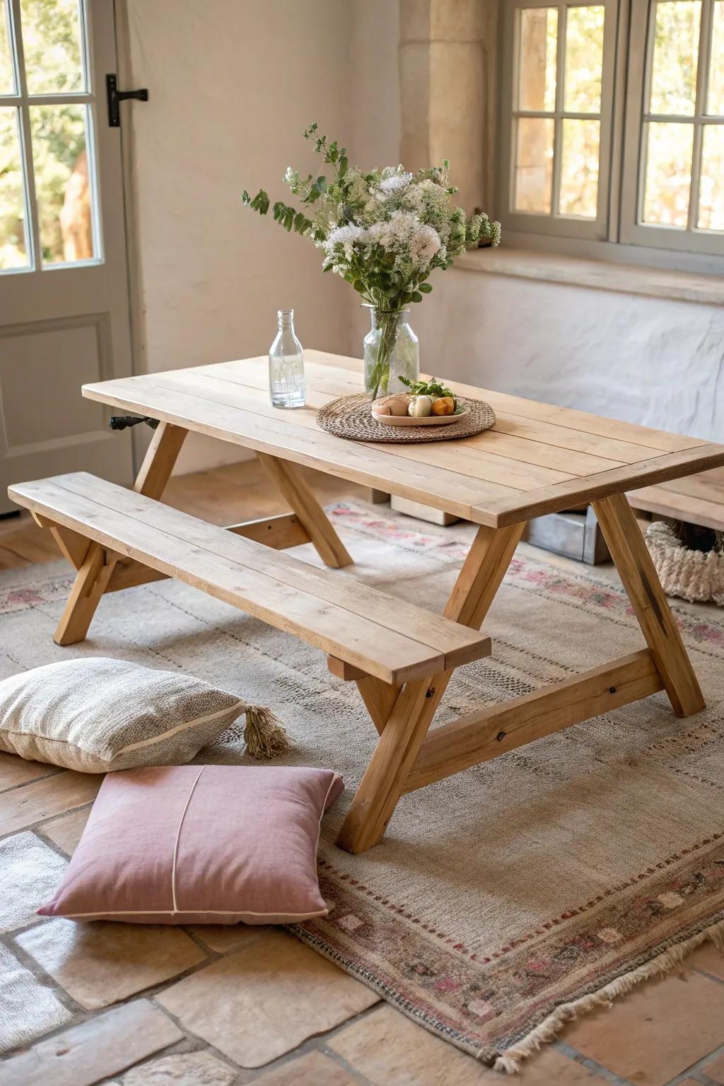 Low boho picnic table DIY: simple boards, cozy styling, and sweet rustic party vibes.