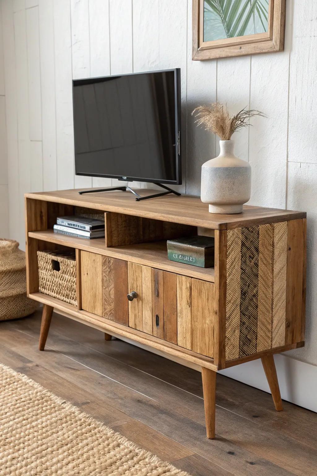 Pallet-wood slat front TV stand: rustic texture, clean lines, and effortless weekend charm.