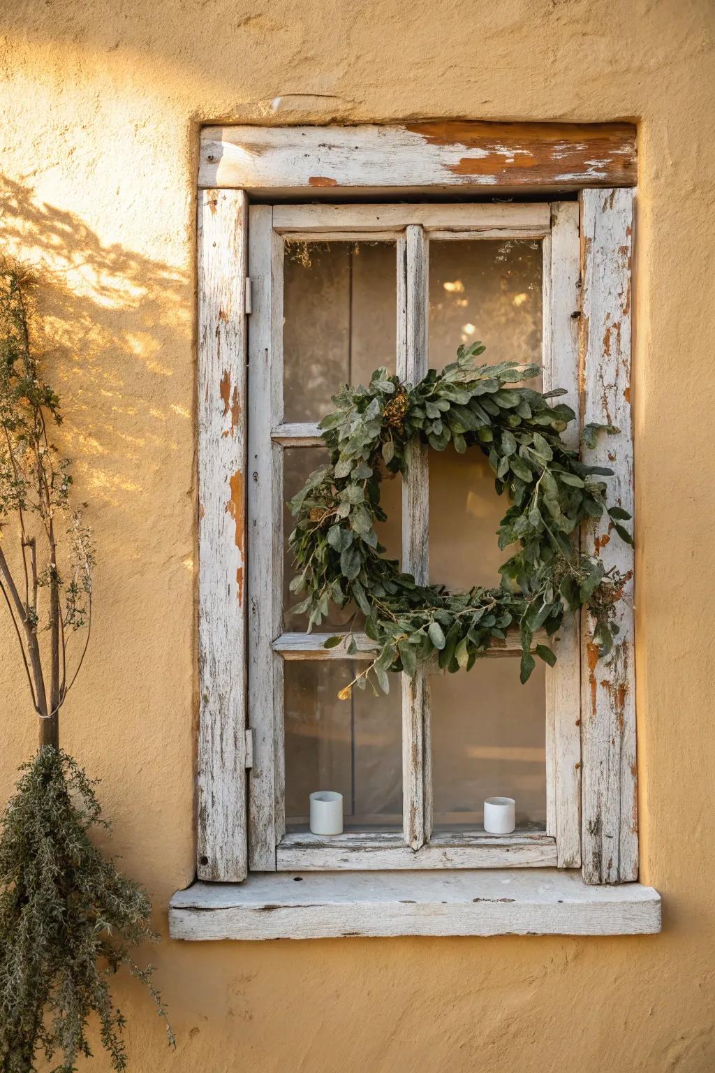 Antique window frame + simple wreath: effortless rustic wall art with soft Scandinavian charm.