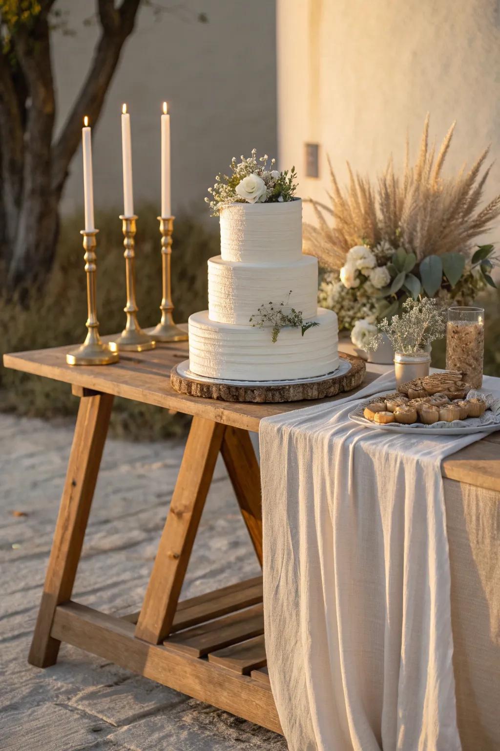 A clean wood cake table with candle clusters and a simple floral sprig—warm, rustic, elegant.