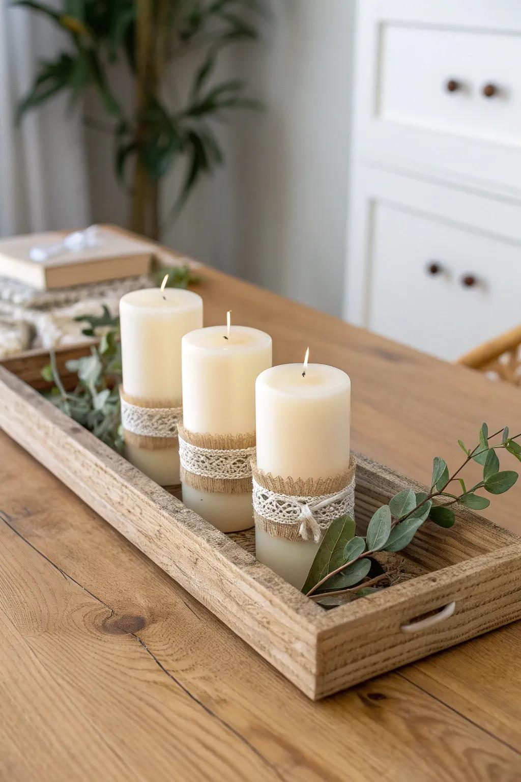 Burlap-and-lace candle tray with greenery—an effortlessly cozy rustic wedding centerpiece.
