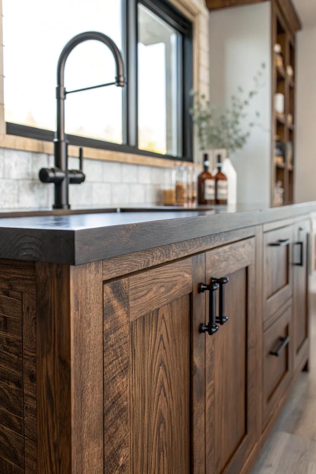 Matte black iron pulls + matching faucet finish—small detail, big rustic wet bar impact.