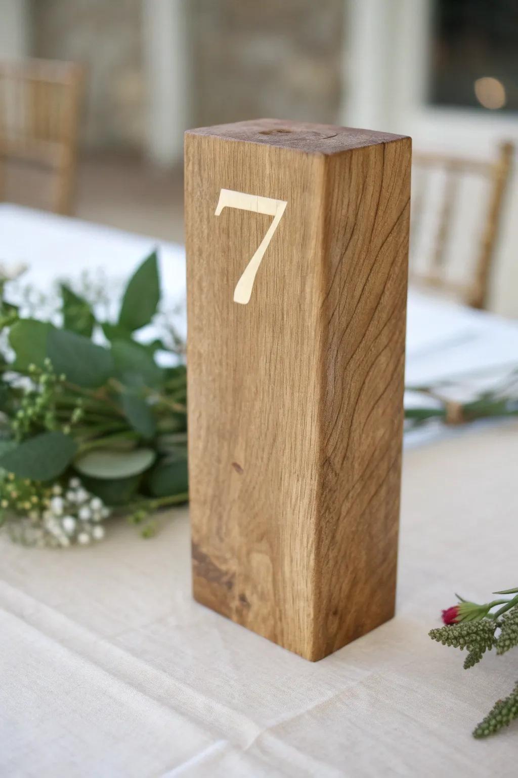 Chunky wood block table number—soft-sanded edges and winter greenery for a rustic glow.