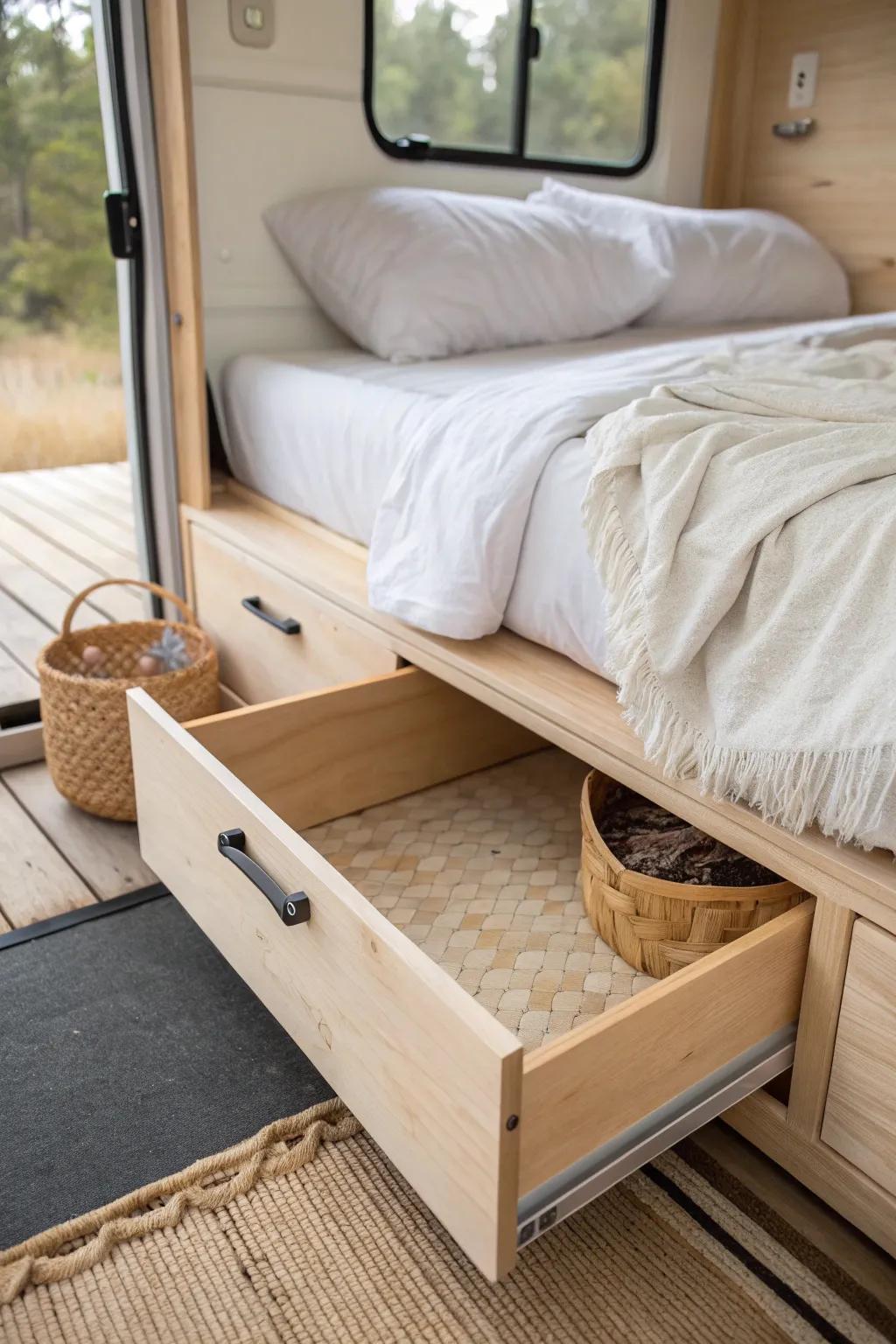 Shallow plywood drawers under the RV bed keep trip essentials tidy, accessible, and beautiful.