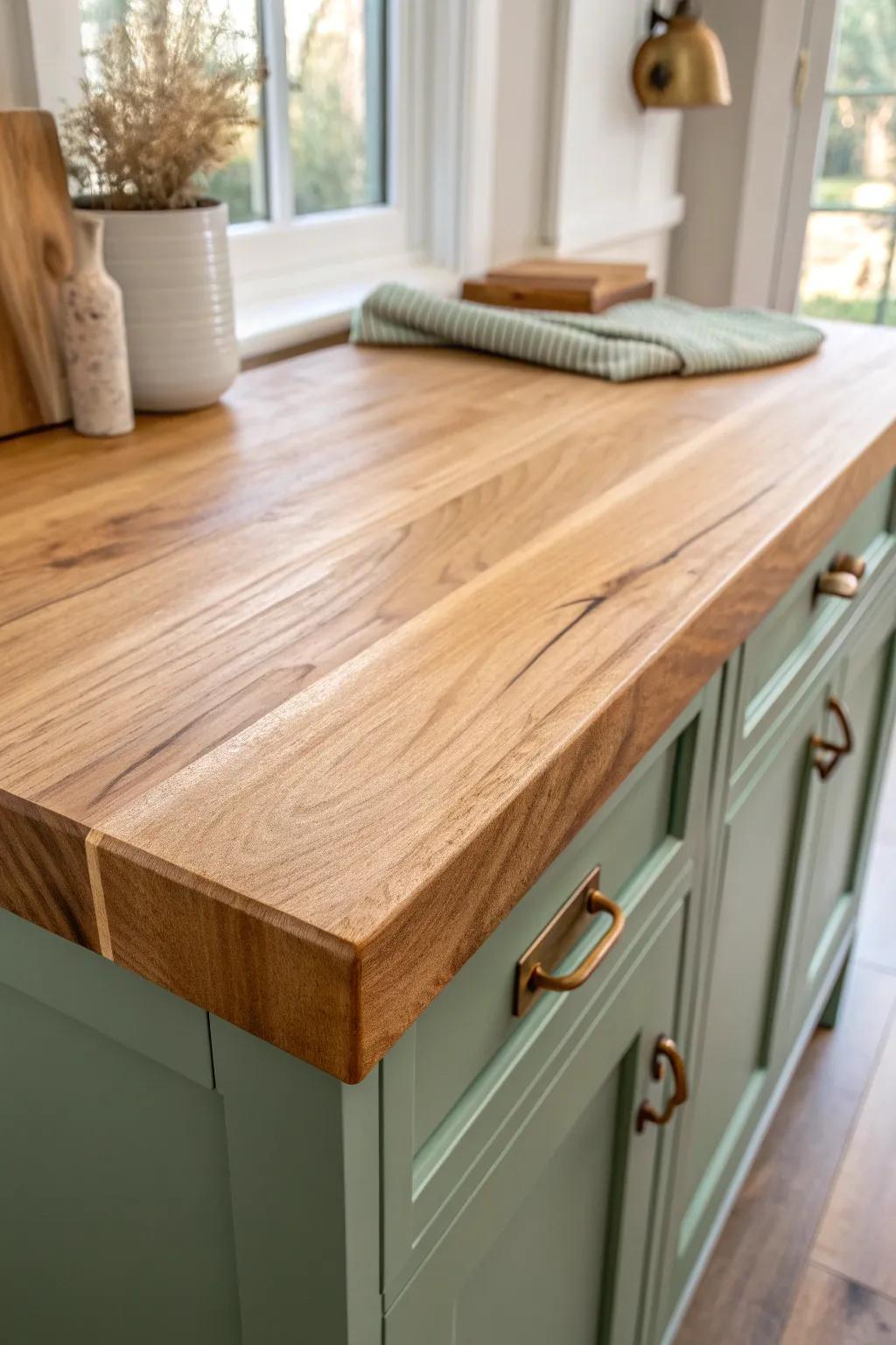 Warm wood meets cool painted cabinets—an RV countertop combo that feels bright and tall.