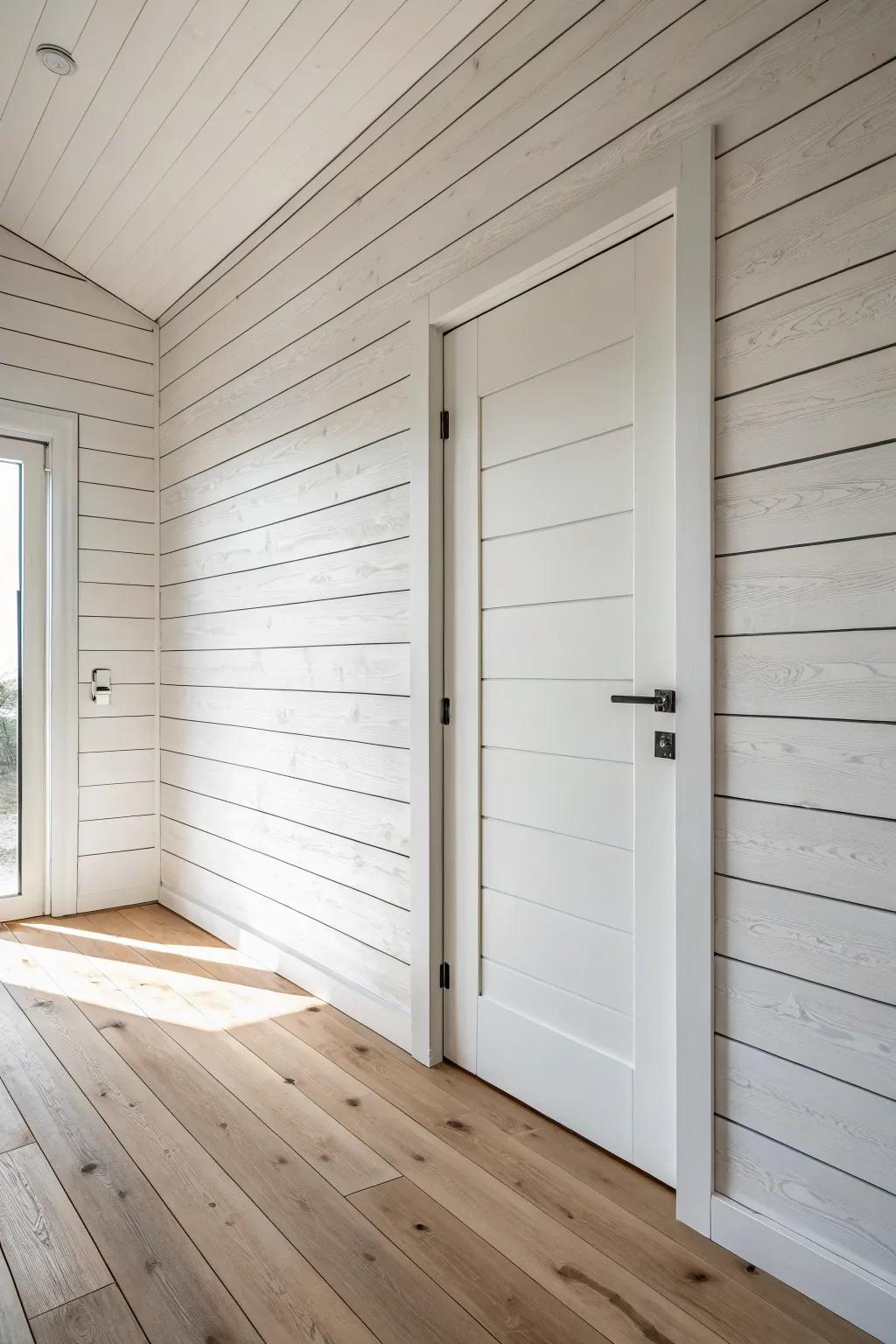 A safe room door that disappears into shiplap—seams aligned for a seamless, calm wall.