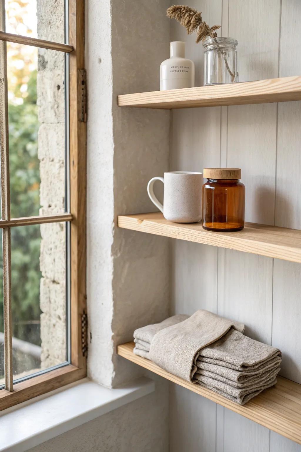 Pale wood open shelving: simple, airy Scandi style that keeps your kitchen feeling fresh.