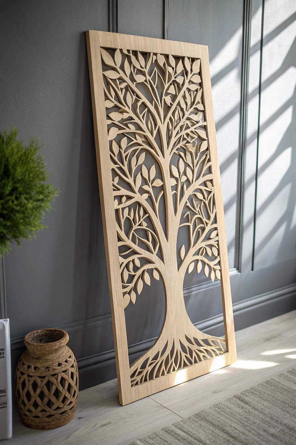 Tree of Life fretwork panel: a delicate scroll saw showpiece with airy cuts and handmade charm.
