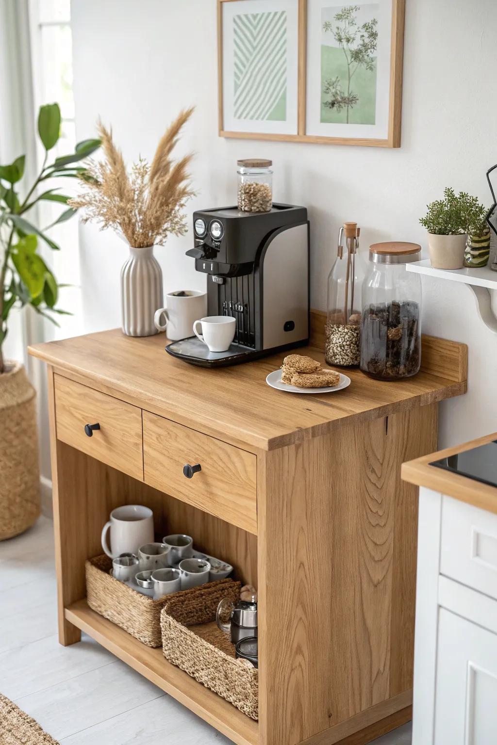 A cozy wood coffee nook that keeps counters clear—Scandi minimal with a soft boho touch.