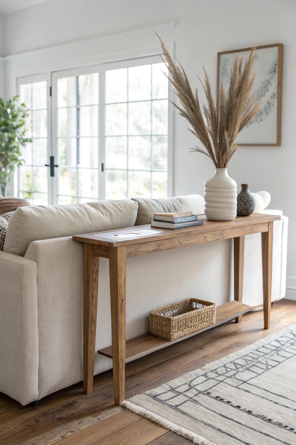 A skinny reclaimed-wood console behind the sectional adds surface space without crowding.