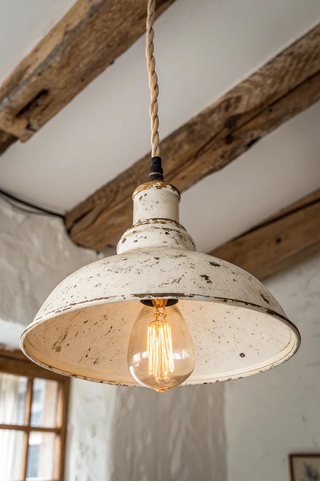 Warm vintage ceiling light glowing over pale oak—an instant shabby chic office upgrade.