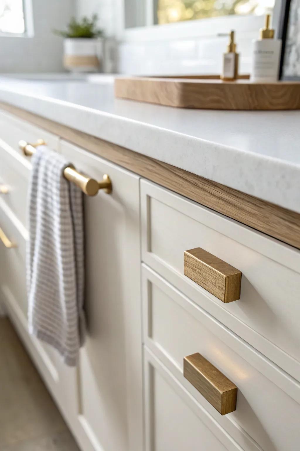 Brushed brass T‑bar hardware adds a modern edge to classic Shaker lines—simple and striking.