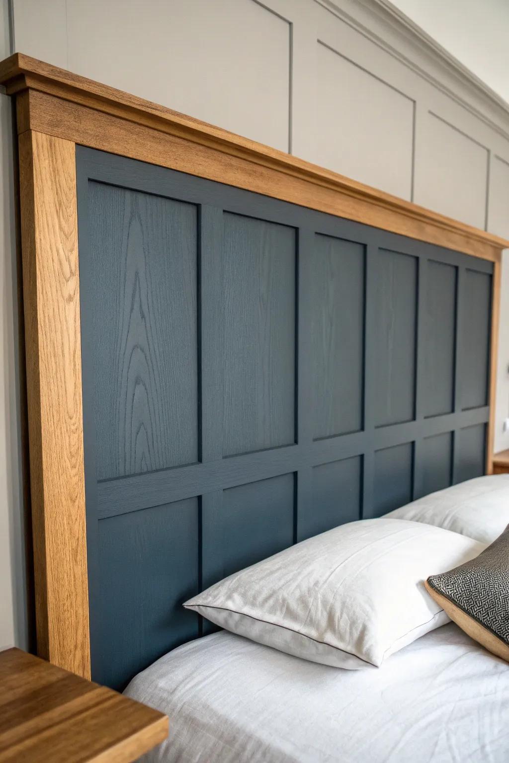 Moody Shaker headboard panel wall in one rich shade—clean lines, high contrast, custom look.
