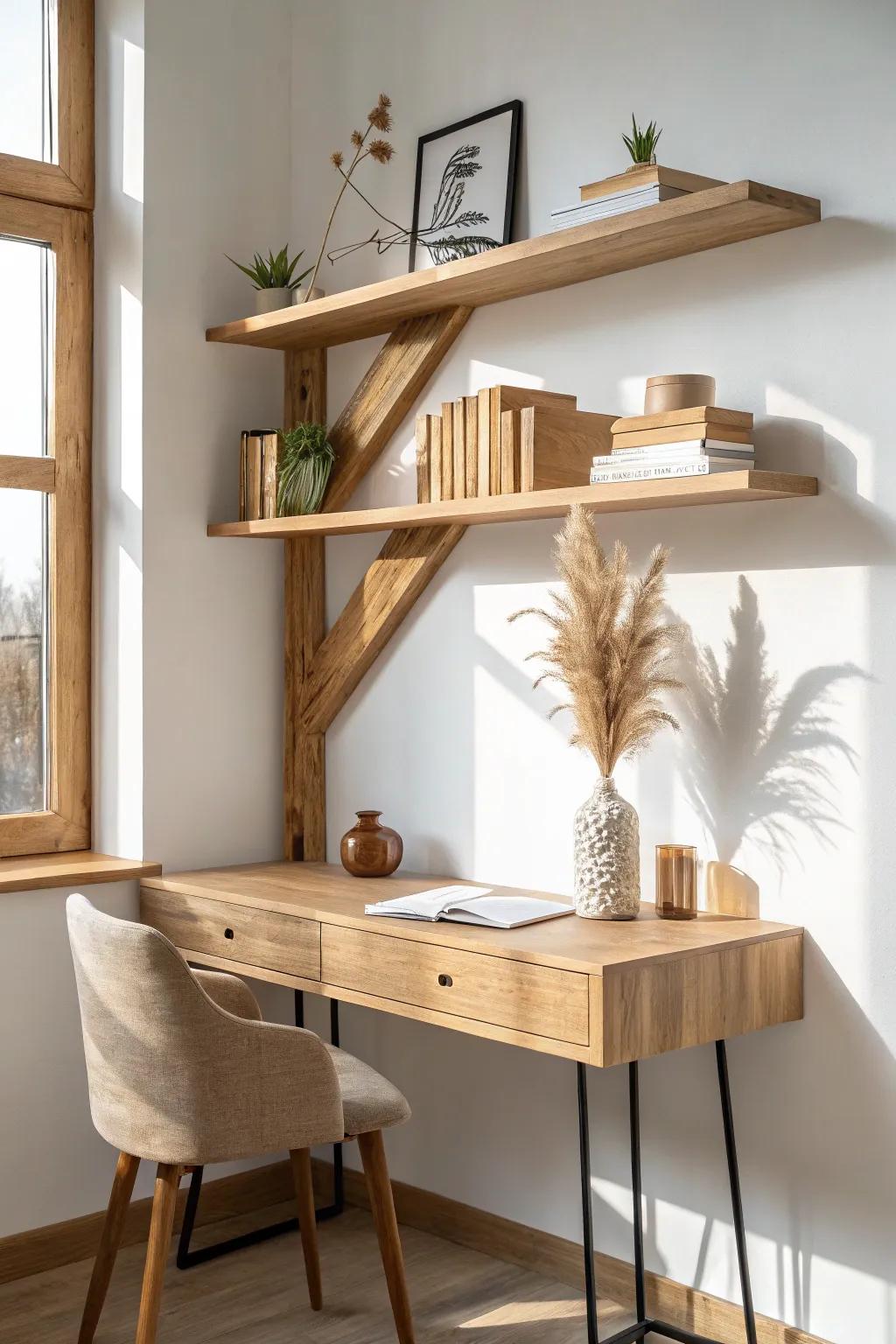Asymmetrical oak shelves above a desk—modern, effortless styling with warm Scandinavian calm.