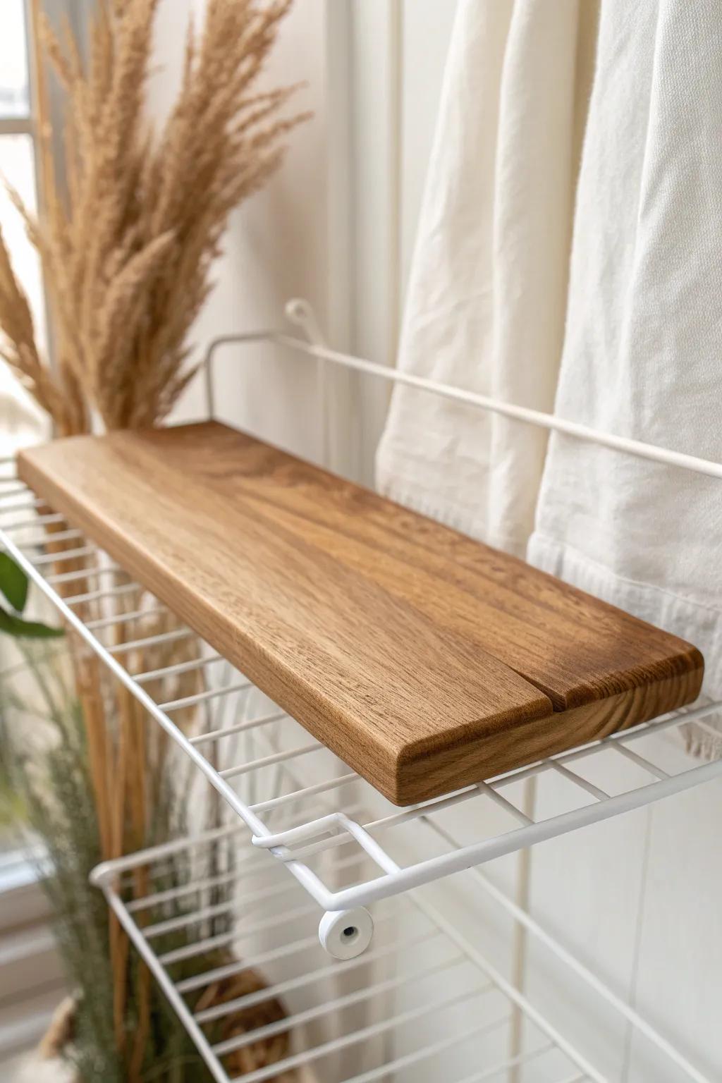 Turn wire racks into solid shelving with a warm stained wood plank topper—simple and chic.
