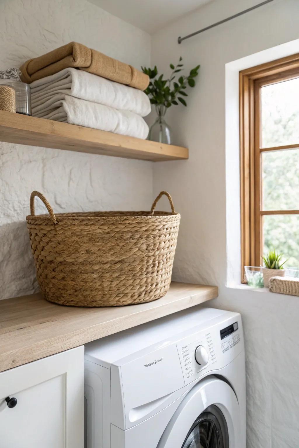 Extra-deep oak shelf with a full woven basket—clean, boho-minimal storage above laundry.