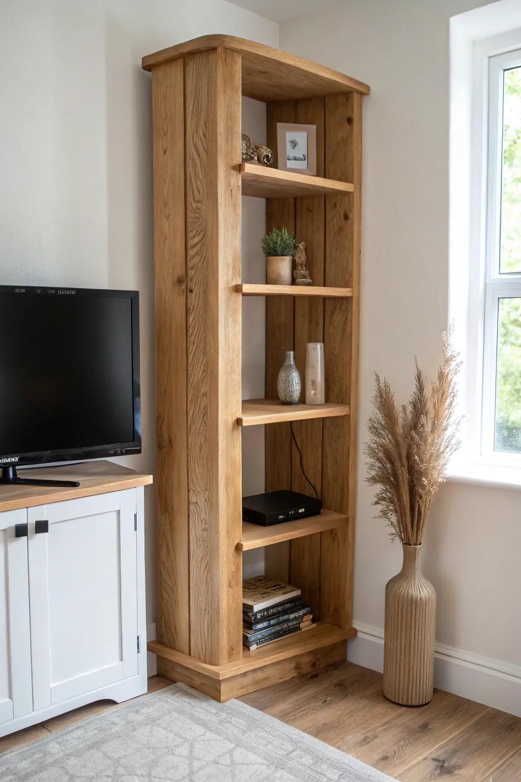 Corner shelves that wrap toward the TV for a clean built-in look—simple, warm, and modern.