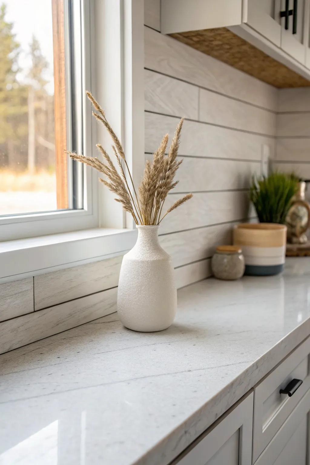 Crisp white shiplap meets pale stone—an airy, modern-rustic backsplash pairing.