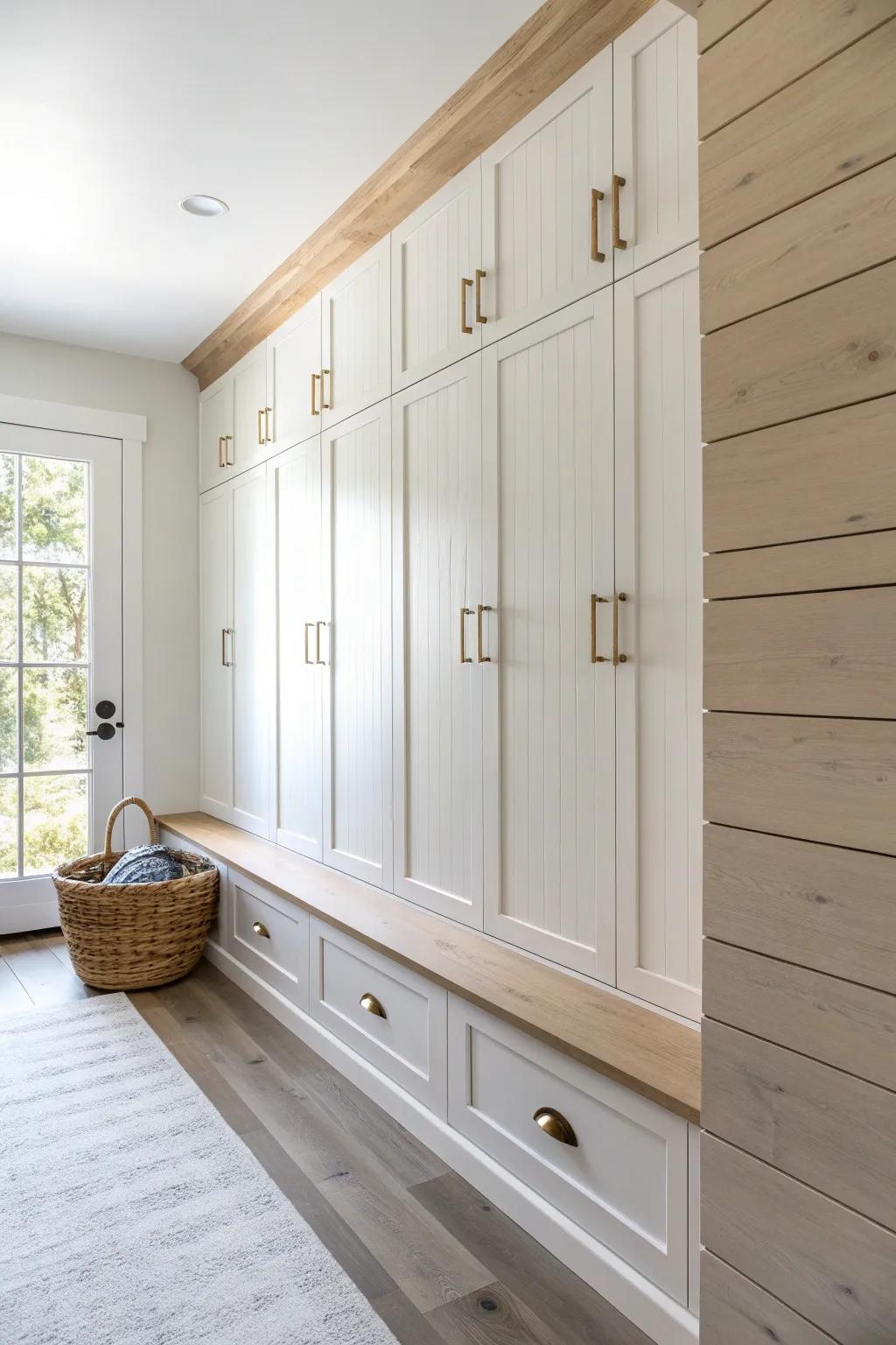 Shiplap behind upper cabinets creates a calm built-in wall—and hides seasonal clutter up high.