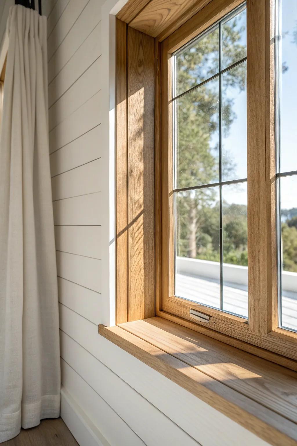 Chunky natural wood trim makes shiplap feel finished—crisp lines, warm grain, sunlit calm.