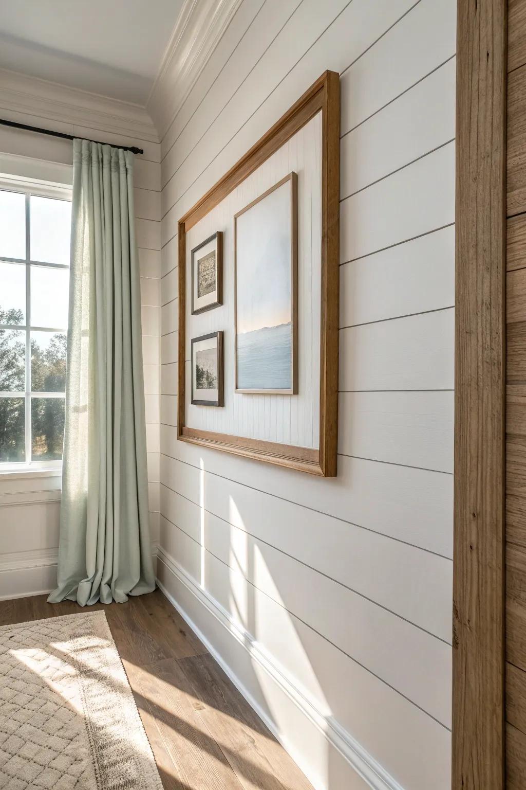 Picture-frame trim turns shiplap into a polished accent wall that looks custom and cozy.