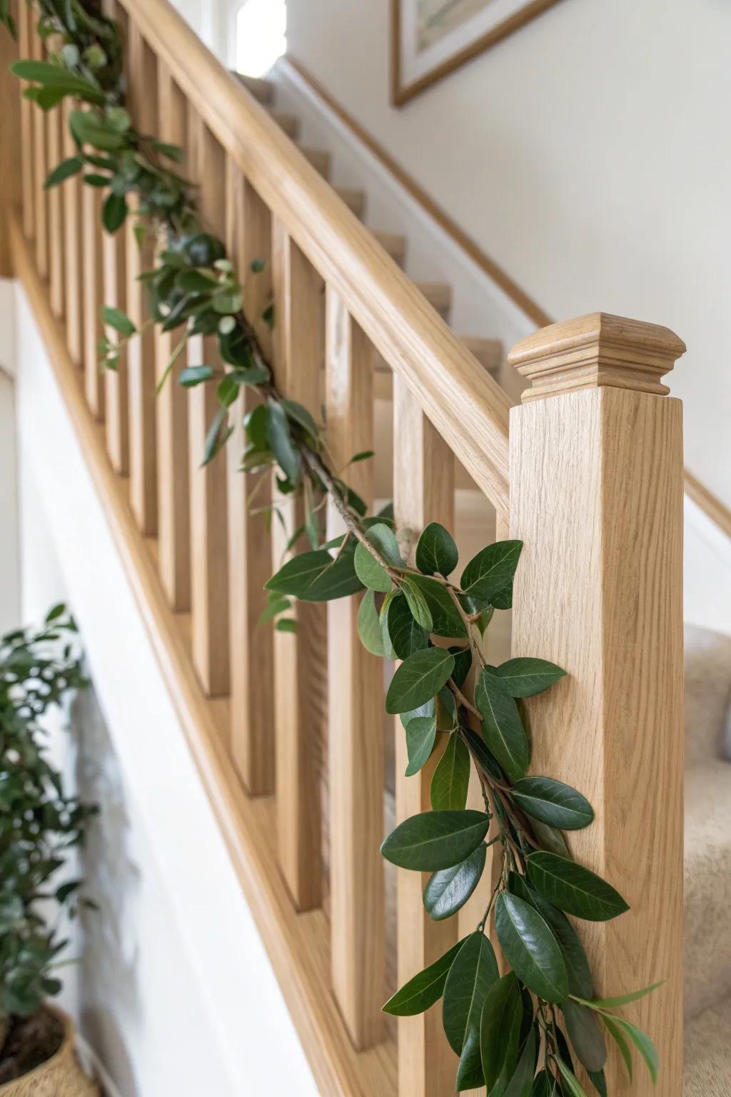 Glossy magnolia leaves on a light oak banister—minimal, bold, and beautifully festive.