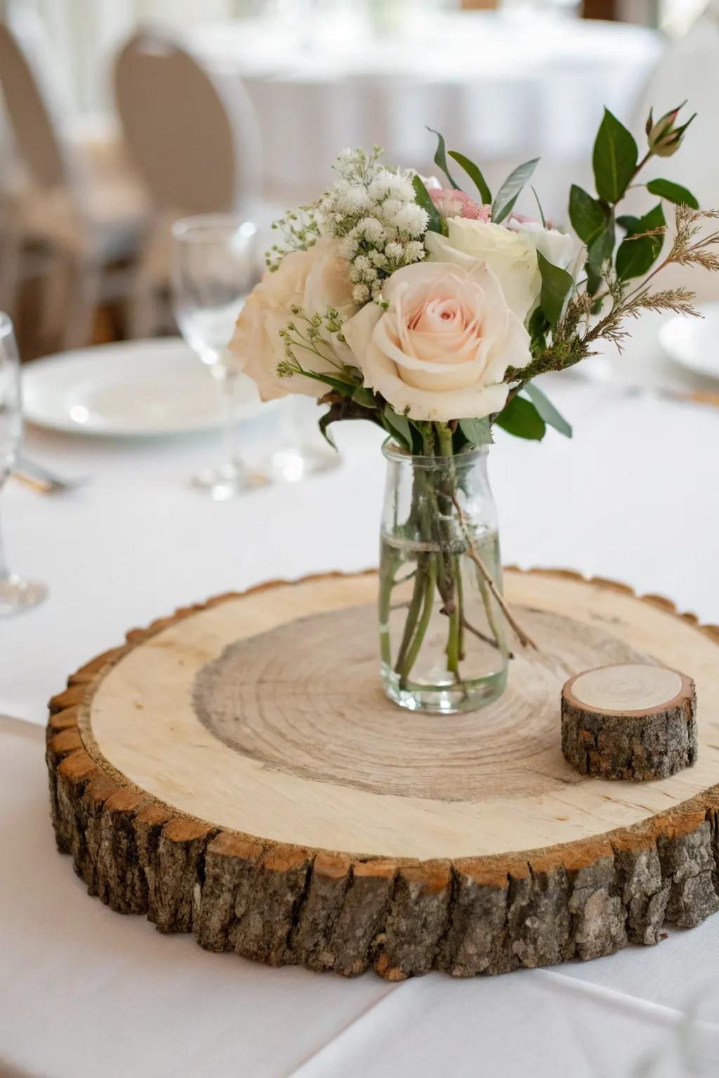 Raw-edge wood slice base with blush blooms—an effortless rustic-romantic wedding centerpiece.