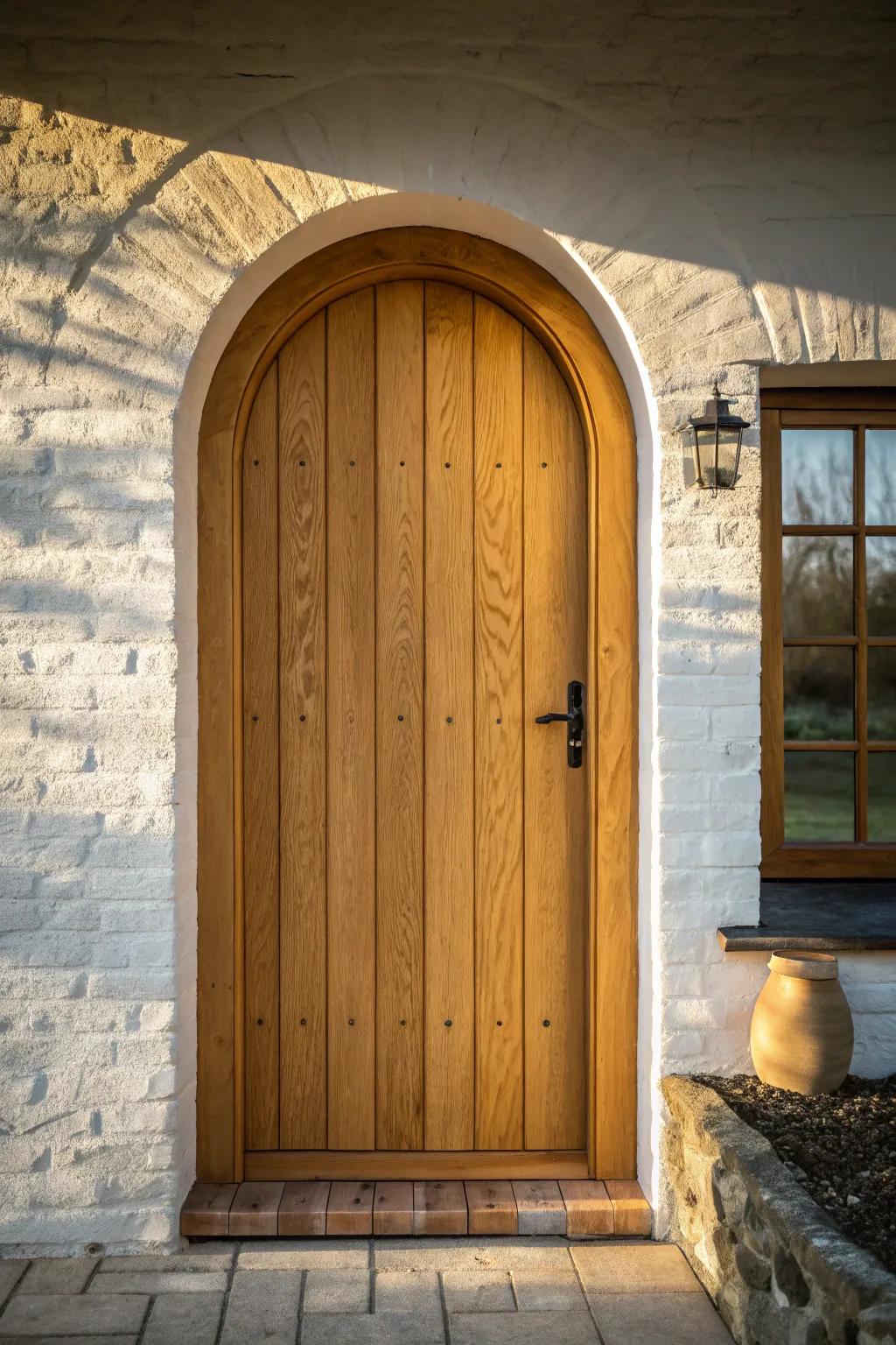 Arched-top wood door warmth—soft old-world charm with clean Scandinavian simplicity.