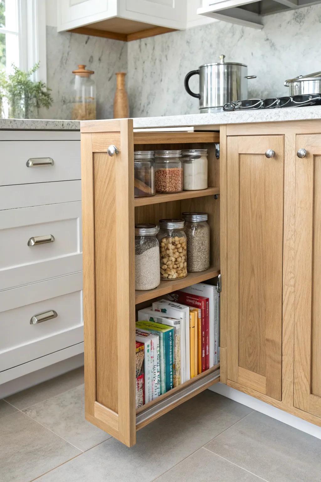 End-of-run skinny cabinet that blends in seamlessly—extra storage for cookbooks and jars.