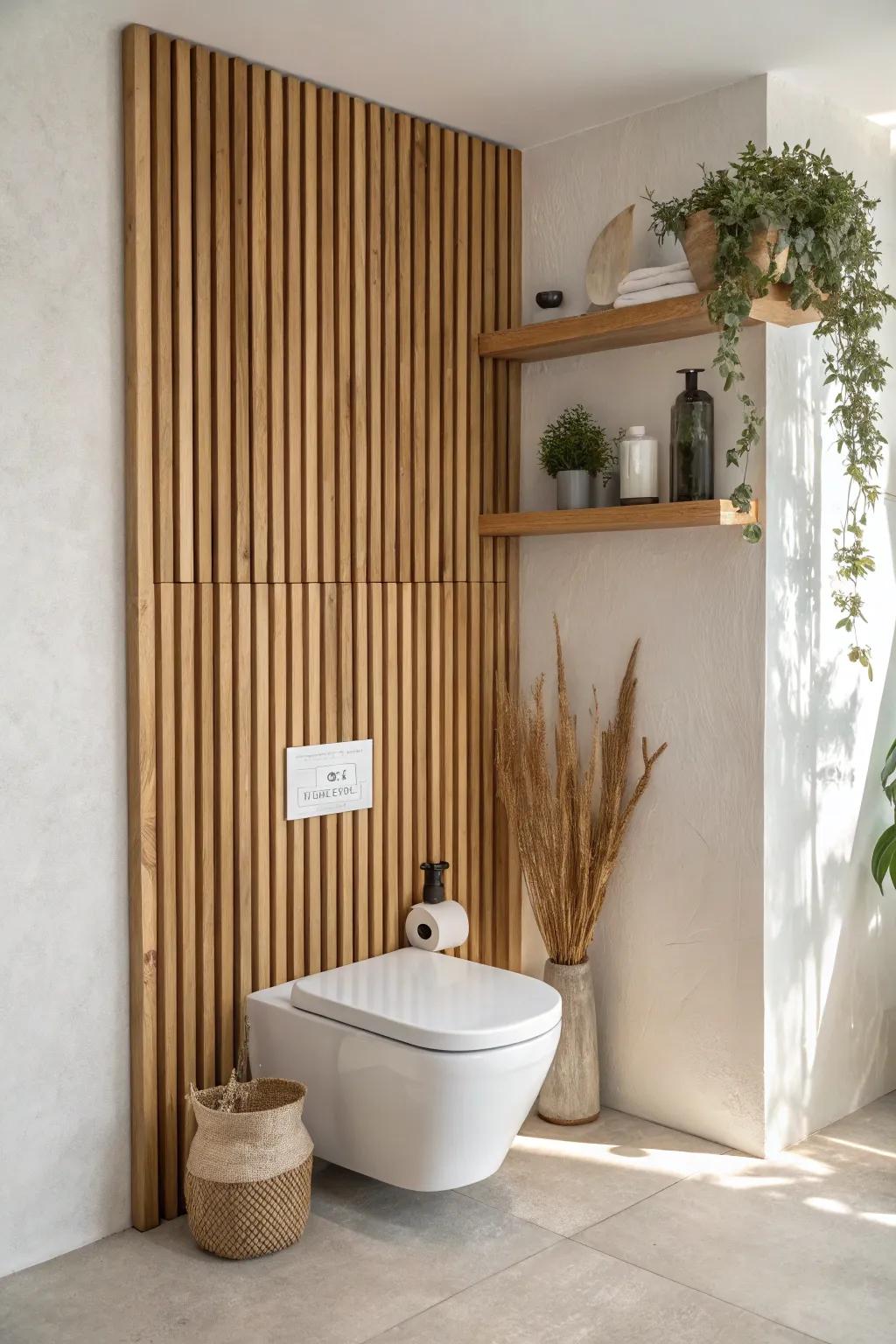 Turn the wall behind your toilet into a warm oak slat accent with a slim styling shelf.
