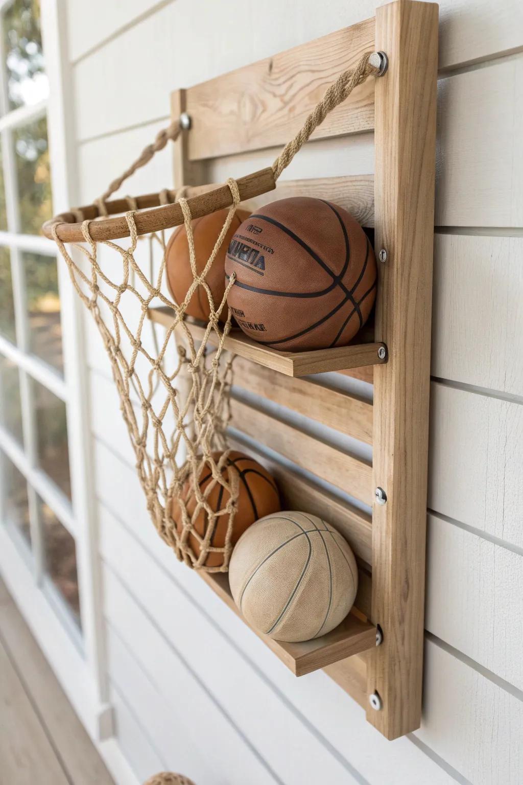 A calm, minimalist slat-wall ball corral that keeps sports gear tidy and off the floor.