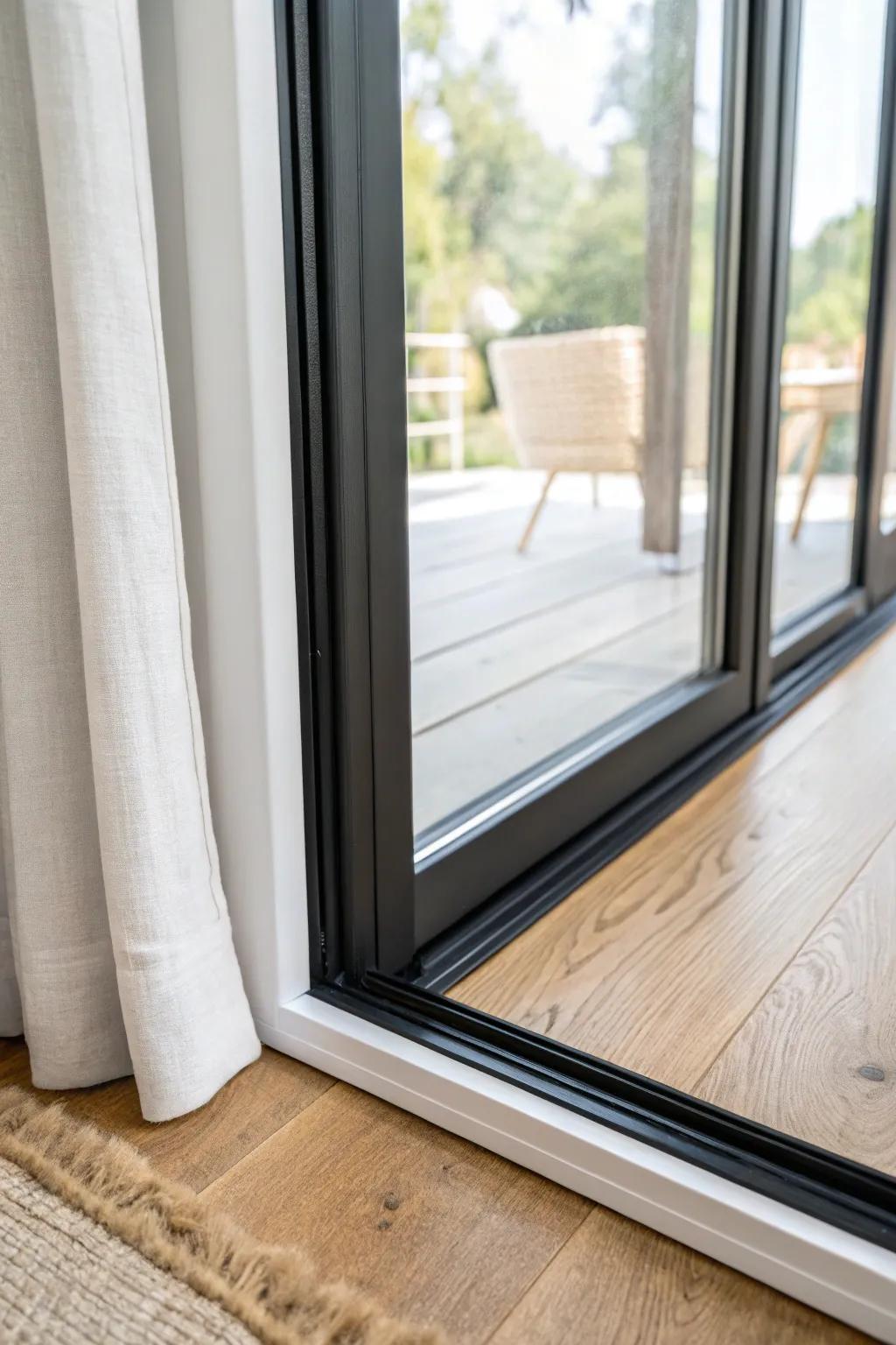 Matte black sliding door trim creates a crisp graphic frame that makes the glass feel bigger.