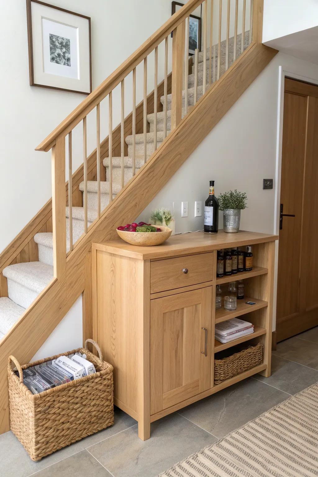 A sleek under-stairs oak bar counter that turns wasted space into calm, hidden storage.