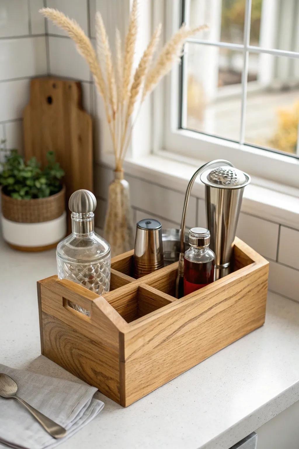 A tiny kitchen-counter drink zone: one wood caddy, daily glasses, and a simple bottle lineup.