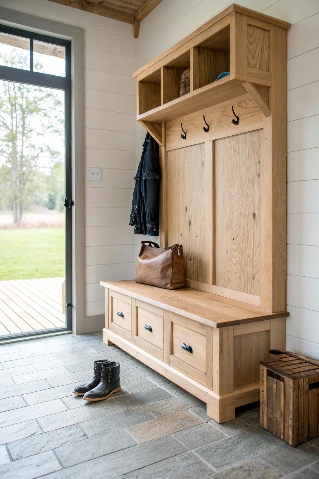 A slim oak mudroom bench with deep drawers keeps your barn entry calm, tidy, and beautiful.