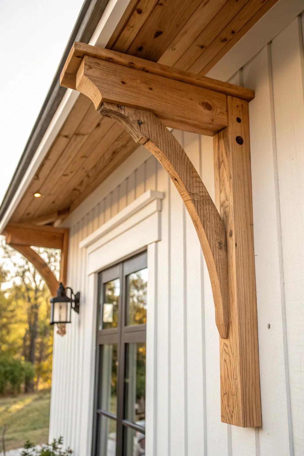 Stout timber brackets add barn-home character—covered porch charm without extra square footage.