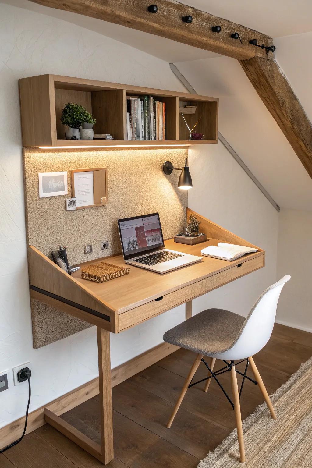 Mini loft office: a slim wall-mounted desk with built-in pinboard—warm wood, clean and calm.
