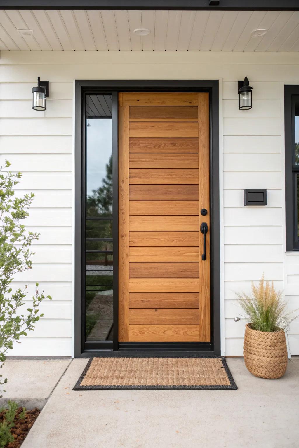 High-contrast barndo exterior, softened by a warm cedar entry for a welcoming minimalist look.