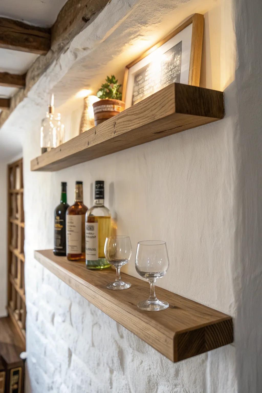 Chunky wood floating shelves keep a small basement bar airy—style bottles by height, not clutter.