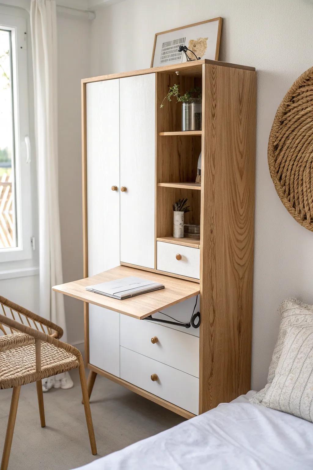 A fold-down oak desk that closes like a cabinet—perfect for a calm, clutter-free bedroom office.