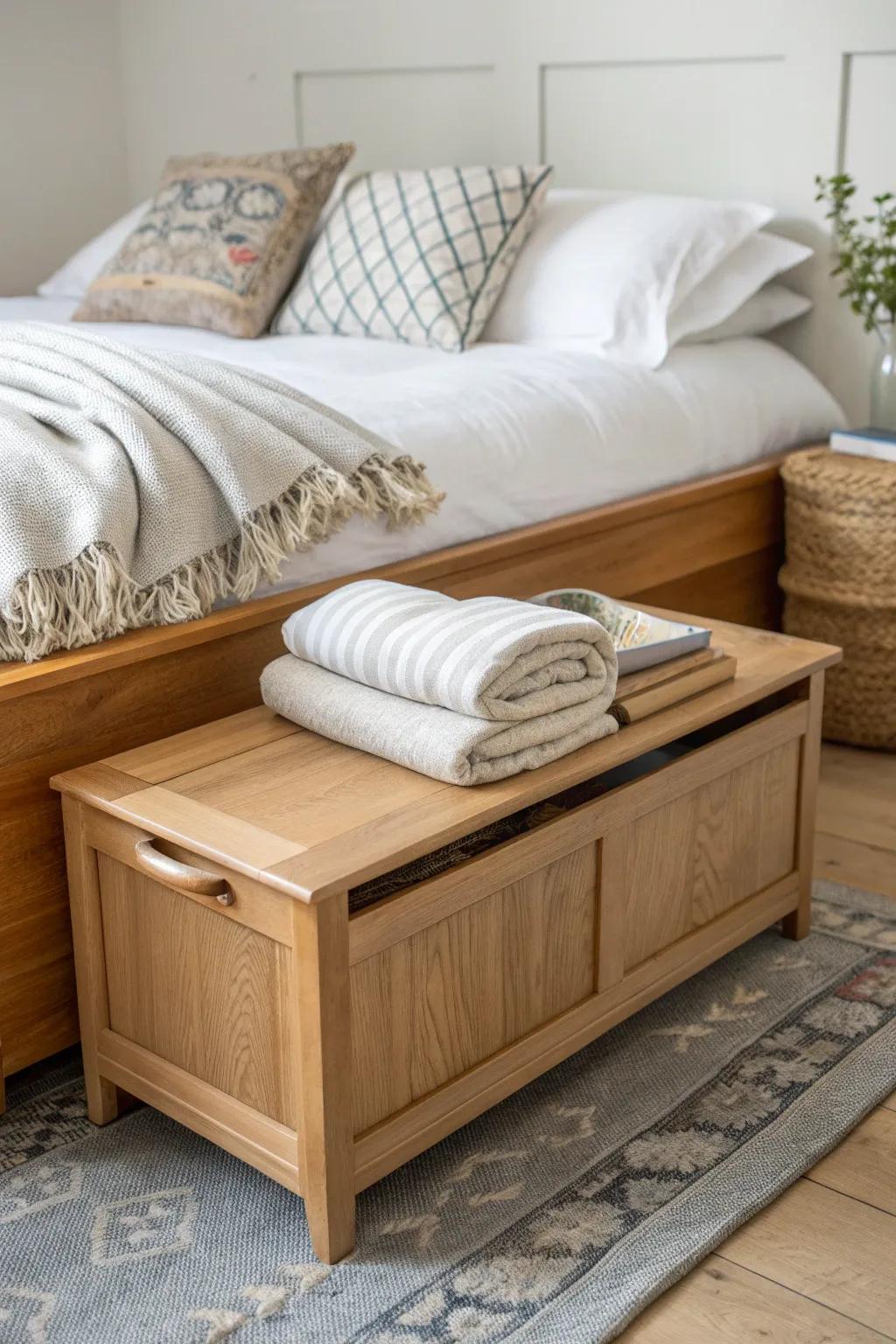 A slim storage bench adds warm wood charm—and hidden space for blankets and clutter.