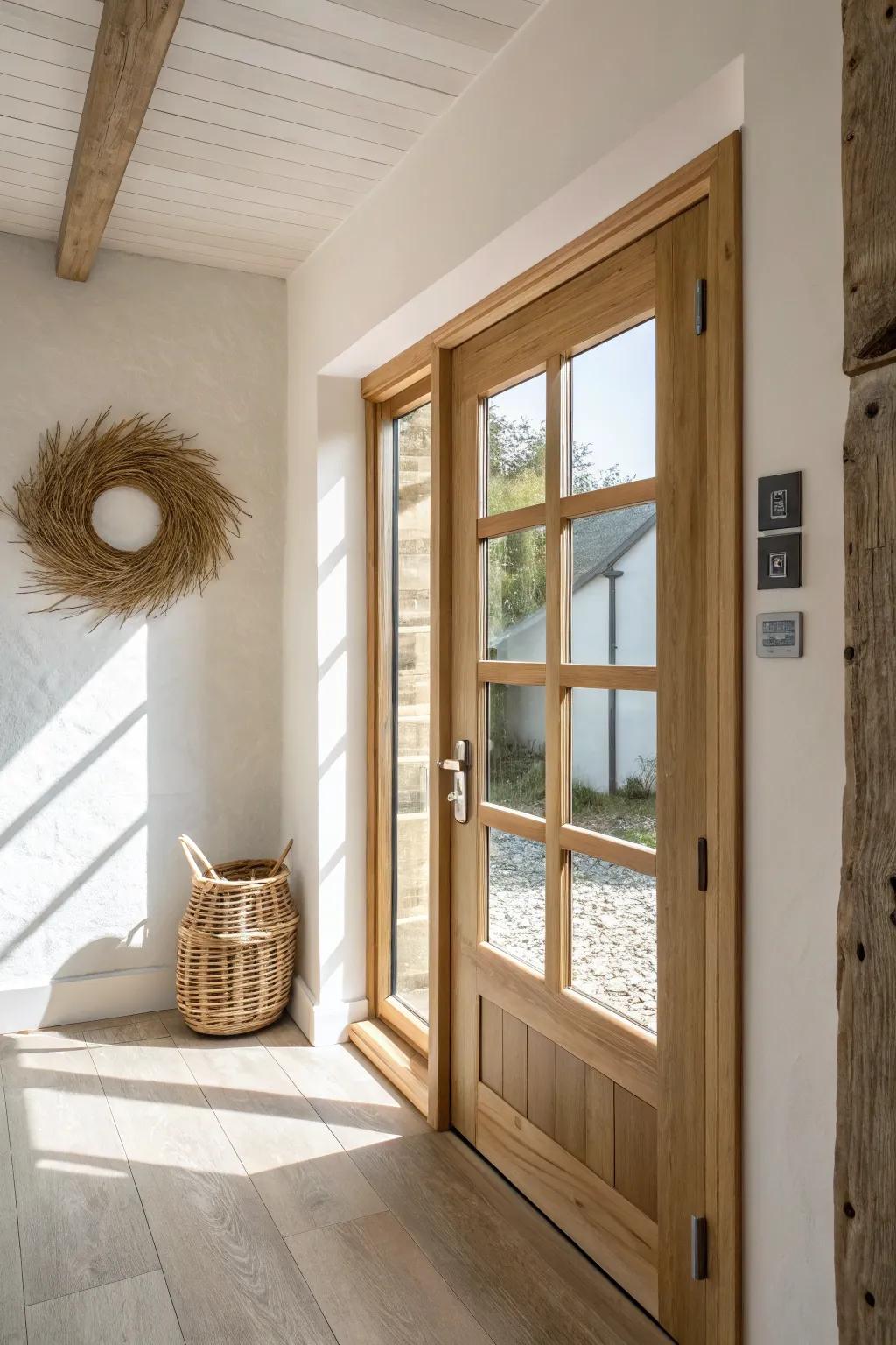 A glass-paneled wood door turns a tiny breezeway into a bright, gallery-like passage.