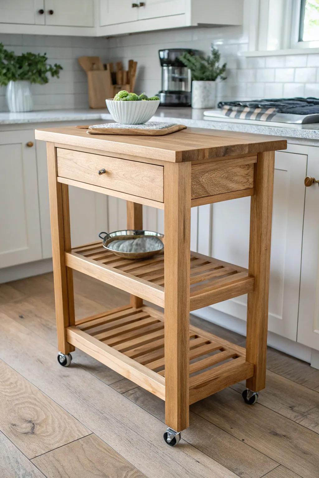 A slim rolling island cart adds sturdy prep space to a tiny cabin kitchen—then tucks away neatly.