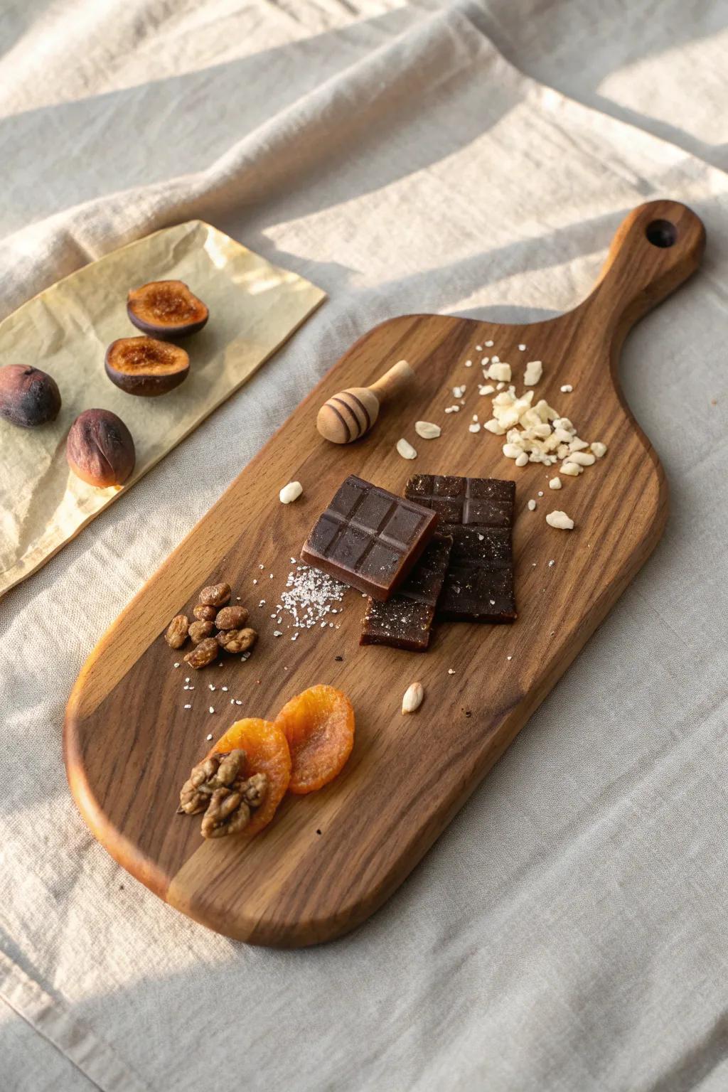 Sweet-and-salty mini board: dark chocolate, dried fruit, and a salty cheese on warm wood.