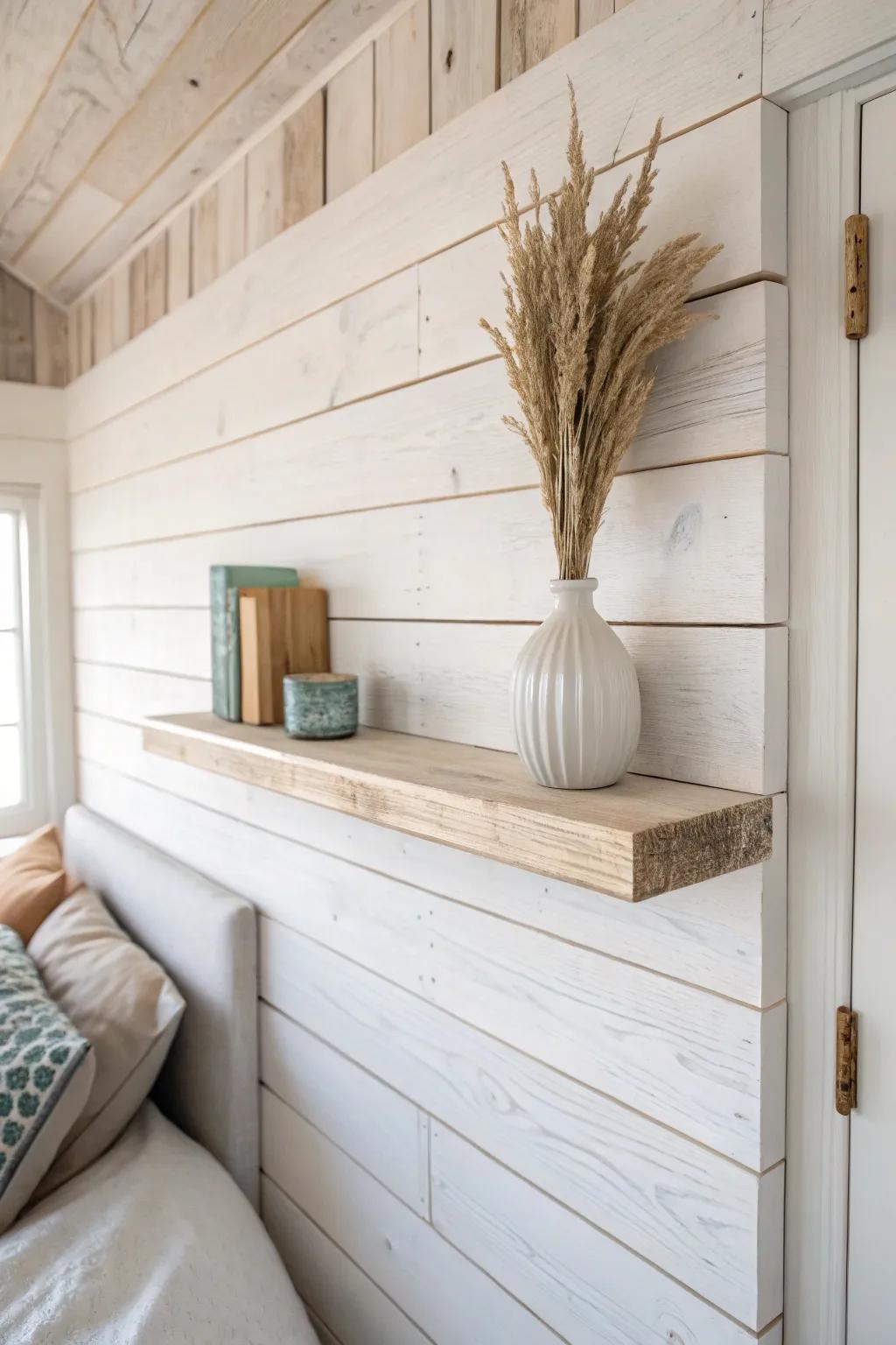 A slim whitewashed pine floating shelf adds bedside function without crowding the floor.