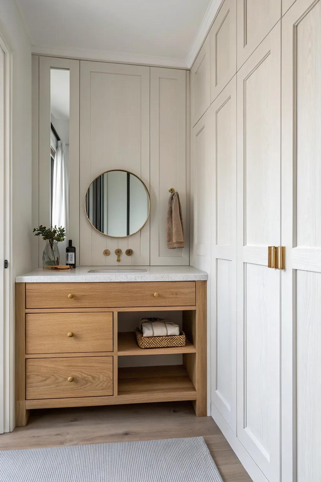 A shallow oak ledge vanity transforms a closet niche into a calm, luxe boutique corner.