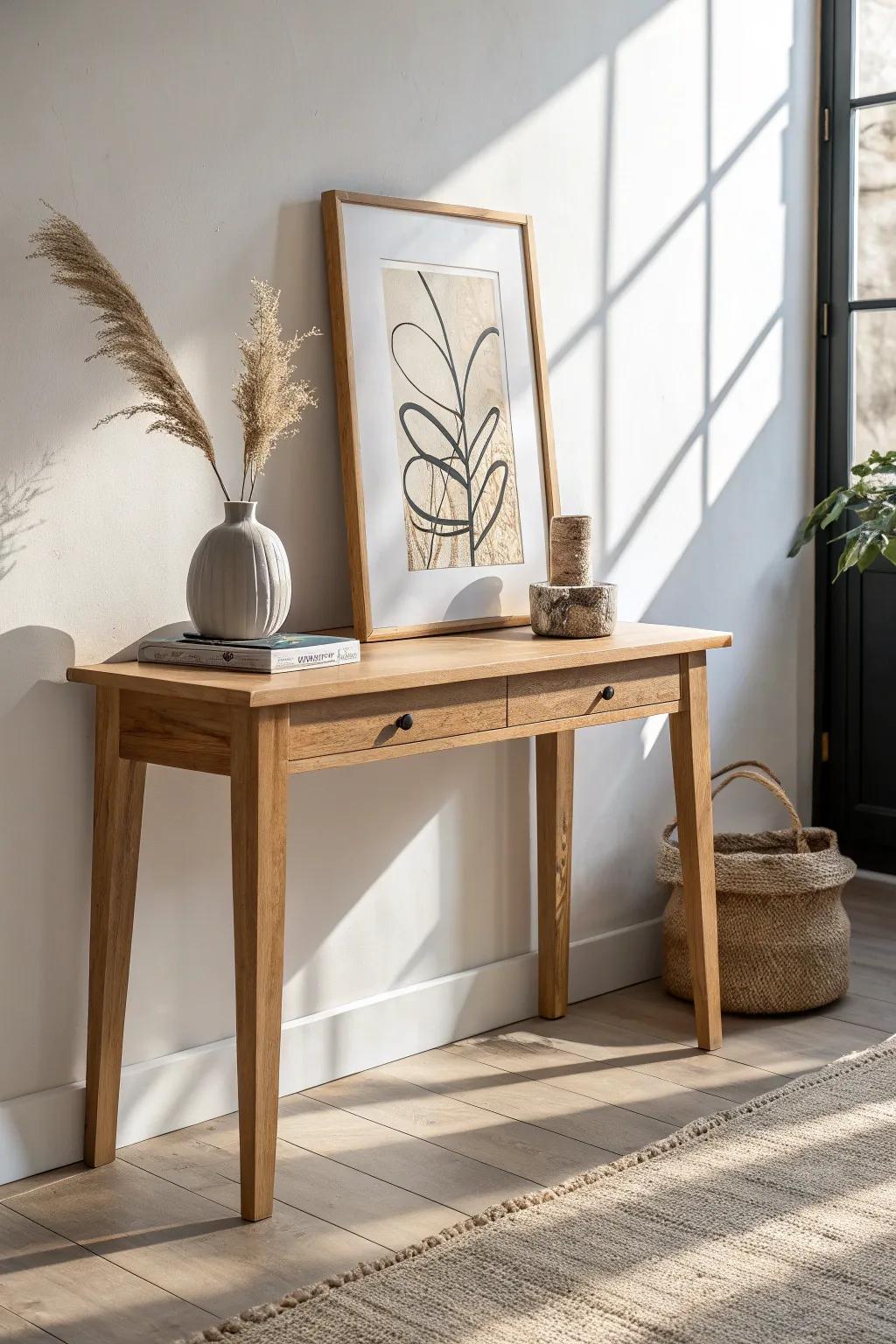 Lean a framed print on a small oak entry table for an effortless, no-nails layered look.
